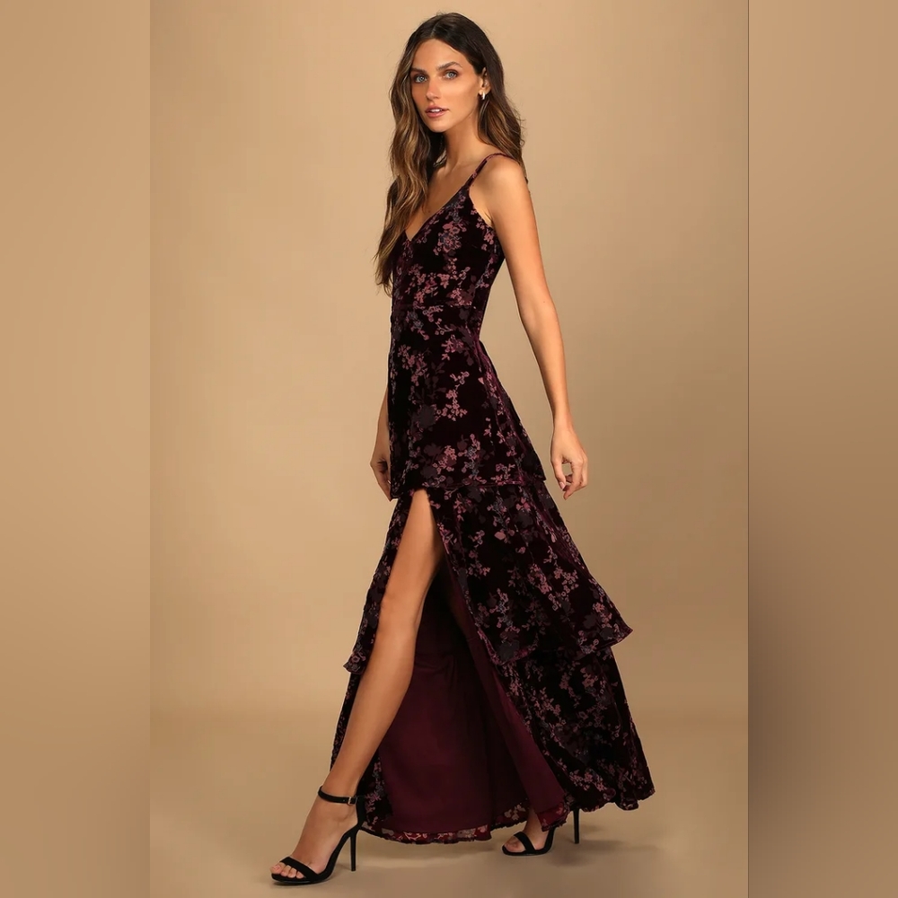 Plum Purple Floral Velvet Tiered Maxi Dress